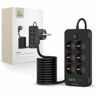 TECH-PROTECT PC6X6 Hálózati Elosztó 3 USB  3 TYPE-C  6 ALJZAT 200CM FEKETE