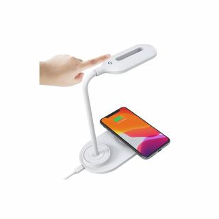 Vezetékes asztali LED lámpa flexibilis fejjel és vezeték nélküli Qi telefon töltéssel fehér