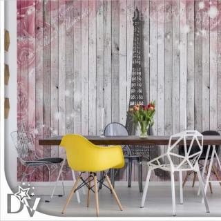 Fotótapéta - Eiffel torony Párizs Pink rózsák virágok vintage fa deszkák