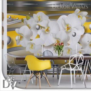 Fotótapéta - Modern ezüst és sárga design Orchideákkal
