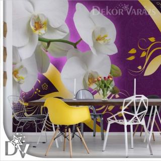 Fotótapéta - Orchideákkal és hullámok lila és arany Virágos design