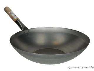 Acél Wok, 33 cm, fanyelű, Lapos aljú