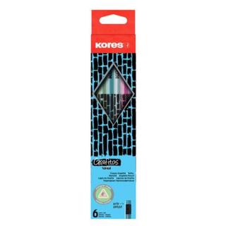 Grafitceruza radírral, HB, háromszögletű, KORES "Style Cracked", vegyes metál színek - 6db