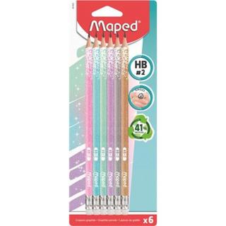 Grafitceruza radírral, HB, háromszögletű, MAPED "Black`Peps Glitter Deco", vegyes pasztell színek - 6db