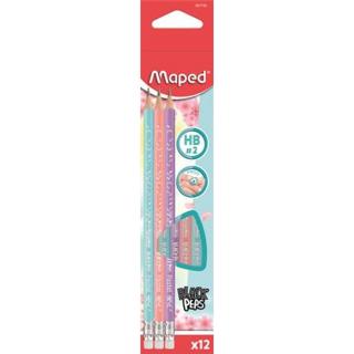 Grafitceruza radírral, HB, háromszögletű, MAPED "Black`Peps Pastel", vegyes pasztell színek - 12db