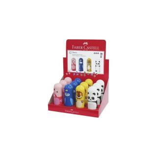 Hegyező, egylyukú, tartályos, radírral, display, FABER-CASTELL "Faces", vegyes minták - 12db
