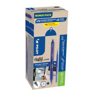 Rollertoll, 0,35 mm, törölhető, nyomógombos, PILOT "Frixion Clicker, Bonus Pack", kék - 12 db toll + 12 db betét