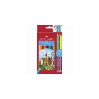 Színes ceruza készlet, hatszögletű, FABER-CASTELL, 12 különböző szín + 3 db bicolor ceruza