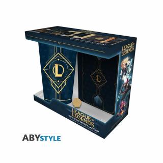 LEAGUE OF LEGENDS - XXL üvegpohár + kitűző + jegyzetfüzet "Hextech logo"- ajándék szett