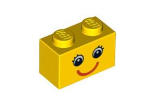 LEGO kocka 1 x 2, dekorált, szem és piros mosoly mintával