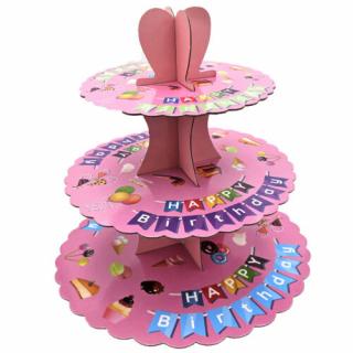 Karton sütemény kínáló állvány 3 szintes - rózsaszín