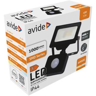 Avide LED Opál Reflektor Slim SMD 10W NW 4000K Mozgásérzékelős PIR Fekete, 1000 lumen, IP44, Gyorscsatlakozóval