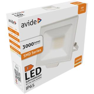 Avide LED Opál Reflektor Slim SMD 30W NW 4000K, 3000 lumen, IP65, (fehér)