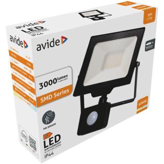 Avide LED Opál Reflektor Slim SMD 30W NW 4000K Mozgásérzékelős PIR Fekete, 3000 lumen, IP44, Gyorscsatlakozóval