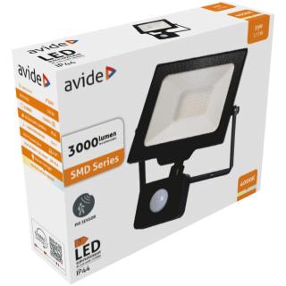 Avide LED Opál Reflektor Slim SMD 30W NW 4000K Mozgásérzékelős PIR Fekete, 3000 lumen, IP44