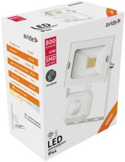 Avide LED Reflektor Slim SMD 10W NW 4000K Mozgásérzékelős PIR Fehér, 800 lumen, IP44