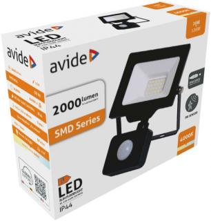 Avide LED Reflektor Slim SMD 20W NW 4000K Mozgásérzékelős PIR Fekete, 2000 lumen, IP44, Gyorscsatlakozóval