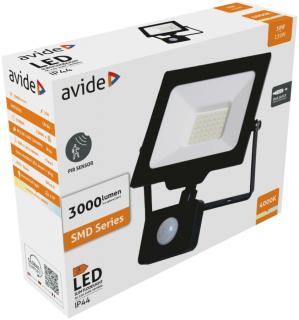 Avide LED Reflektor Slim SMD 30W NW 4000K Mozgásérzékelős PIR Fekete, 3000 lumen, IP44, Gyorscsatlakozóval