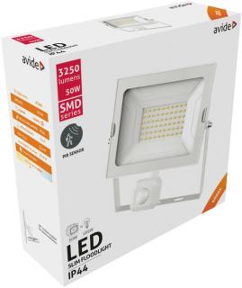 Avide LED Reflektor Slim SMD 50W NW 4000K Mozgásérzékelős PIR Fehér, 3250 lumen, IP44