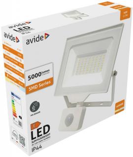Avide LED Reflektor Slim SMD 50W NW 4000K Mozgásérzékelős PIR Fehér, 5000 lumen, IP44