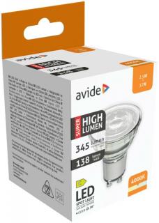 Avide LED Spot Alu+Plastic, 2,5W, GU10, NW, 4000K, természetes fehér, Super High Lumen, 345 lumen