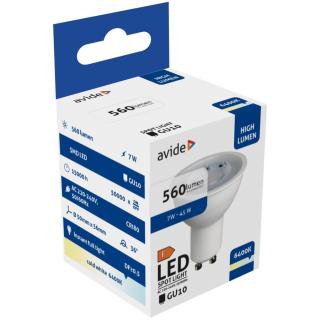 Avide LED Spot Alu+Plastic, 7W, GU10, 36°, CW, 6400K, hideg fehér, 560 lumen