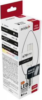Avide LED White Filament Candle, 4,5W, E14, 330°, WW, 2700K, meleg fehér, 470 Lumen, gyertya, üveg bura
