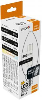 Avide LED White Filament Candle, 6,5W, E14, 330°, NW, 4000K, természetes fehér, 806 Lumen, gyertya, üveg bura