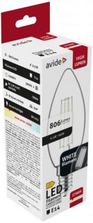 Avide LED White Filament Candle, 6,5W, E14, 330°, WW, 2700K, meleg fehér, 806 Lumen, gyertya, üveg bura