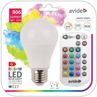 Avide Smart LED E27 Globe A60 9.7W RGB+W 2700K IR Távirányítóval, 806 lumen