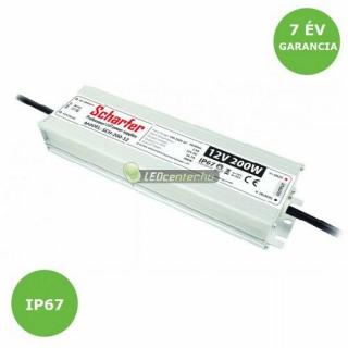 Scharfer IP67 fémházas stabilizált LED tápegység, 200W, 230V/DC12V, 7 év garancia