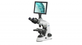 KERN OBE 124T241 biológiai digitális mikroszkóp kamerával, kijelzővel 40x/100x/400x nagyítás, állítható asztal, állítható fényerejű 3 W-os LED alsó megvilágítás, trinokuláris