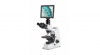 KERN OBL 137T241 biológiai digitális mikroszkóp kamerával, kijelzővel 40x/100x/400x/1000x nagyítás, végtelen optikai egység, állítható asztal, állítható fényerejű 3 W-os LED alsó megvilágítás, trinokuláris