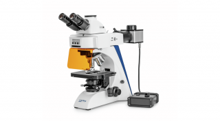 KERN OBN 142 fluoreszcens biológiai mikroszkóp 40x/100x/200x/400x/1000x nagyítás, végtelen optikai egység, állítható asztal, állítható fényerejű 5 W-os LED alsó és 3W-os LED fluoreszcens megvilágítás, trinokuláris