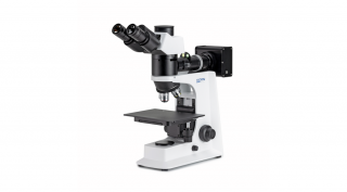 KERN OKM 173 metallográfiai, anyagvizsgálati mikroszkóp 50x/100x/200x/500x nagyítás, végtelen optikai egység, állítható asztal, színszűrők, állítható fényerejű 5 W-os LED ráeső megvilágítás, trinokuláris