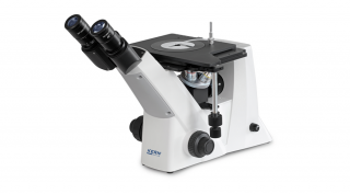 KERN OLM 170 inverz metallográfiai, anyagvizsgálati mikroszkóp 50x/100x/200x/500x nagyítás, végtelen optikai egység, állítható asztal, állítható fényerejű 5 W-os LED ráeső megvilágítás, trinokuláris