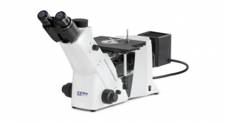 KERN OLM 171 inverz metallográfiai, anyagvizsgálati mikroszkóp 50x/100x/200x/500x nagyítás, végtelen optikai egység, állítható asztal, állítható fényerejű 50 W-os halogén ráeső megvilágítás, trinokuláris