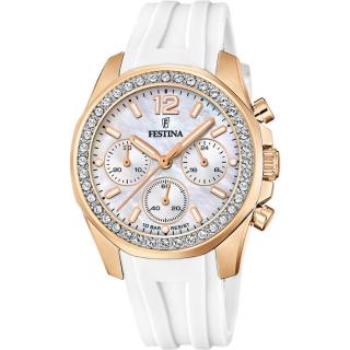 FESTINA - F20611/1 női óra gyöngyház számlappal, cirkónia kövekkel fehér szilikon (gumi) szíjjal