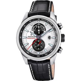 FESTINA - F20695/1 férfi óra ezüst számlappal fekete bőrszíjjal