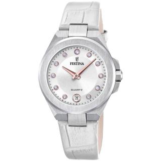 FESTINA - F20701/1 női óra gyöngyház számlappal, cirkónia kövekkel fehér bőrszíjjal
