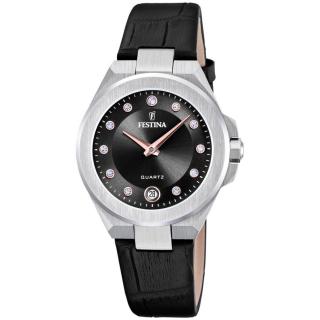 FESTINA - F20701/5 női óra fekete számlappal, cirkónia kövekkel fekete bőrszíjjal