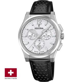 FESTINA SWISS F20060/1 férfi óra ezüst számlappal fekete bőrszíjjal