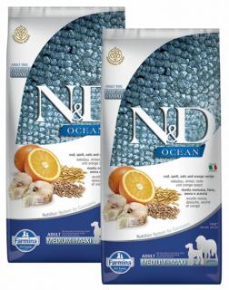 ND Dog Ocean Tőkehal, Tönköly, Zab és Narancs Adult Medium/Maxi 2x12kg