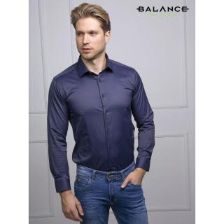 Balance normál galléros sötétkék, karcsúsított-nyújtott fazonú long-slim-fit rugalmas pamutszatén hosszú ujjú alkalmi ing - Blnc2464she-1