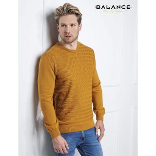 Balance V-nyakú, domború mintás elejű okkersárga kötött Veborder pulóver - Blnc2452kn-1