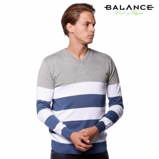 Balance V-nyakú, szürke-fehér-kék csíkos vékony kötött pamut pulóver - Blnc8942-2