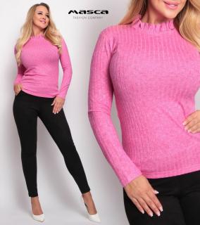 Masca Fashion fodorszegélyes környakas, anyagában mintás rugalmas vékony kötött pink-melange szűk hosszú ujjú felső, pulóver - Mf335-47