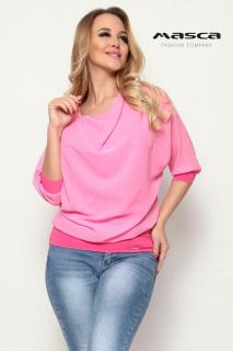 Masca Fashion kámzsanyakú, háromnegyedes ujjú rózsaszín muszlin laza felső, ujján és csípőjén rugalmas passzéval - Mf302-10