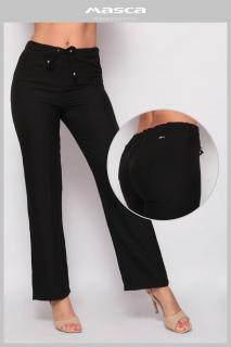 Masca Fashion lenes hatású, egyenes szárú, nem rugalmas fekete nadrág, derekán behúzott kötővel - Mf214-47
