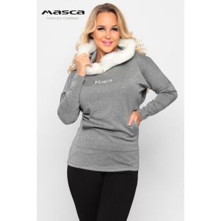 Masca Fashion szőrmeszegélyes kapucnis, vastagabb rugalmas punto anyagú kenguruzsebes szűk szürke melange felső, pulóver - Mf432-26